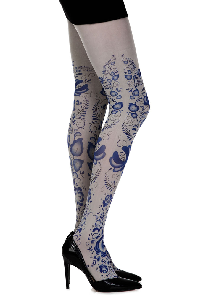 Zohara “Blue Orchid” Grey Print Tights