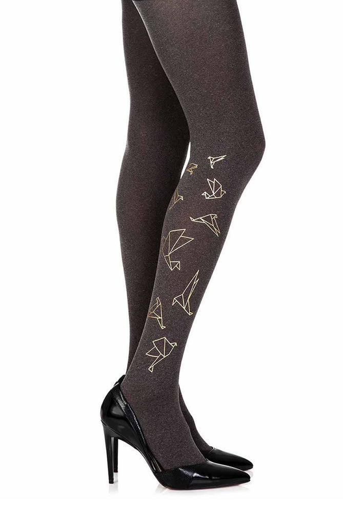 Zohara “Origami Birds” Brown Print Tights